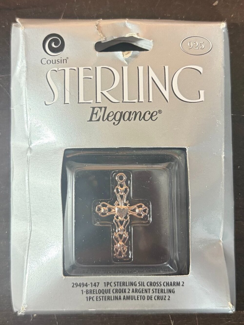 Sterling Silver Elegance Cross Charm Pendant w/ Small Heart Design in Center NIB